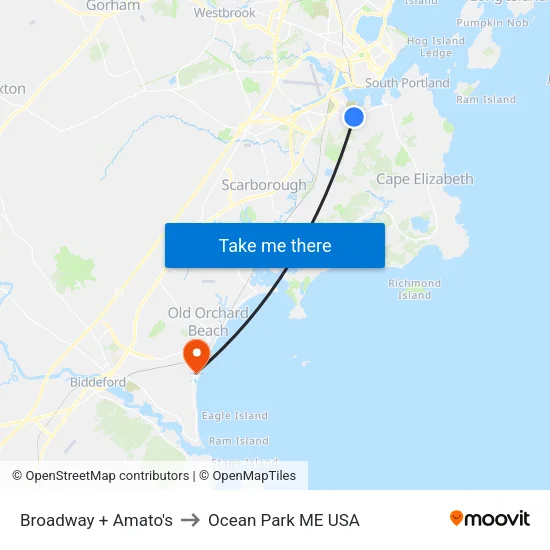 Broadway + Amato's to Ocean Park ME USA map