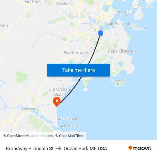 Broadway + Lincoln St to Ocean Park ME USA map