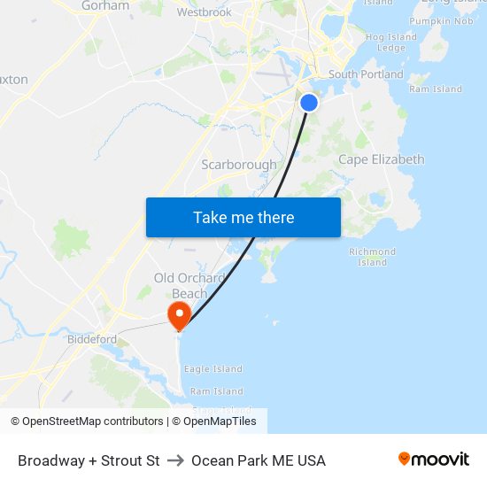 Broadway + Strout St to Ocean Park ME USA map