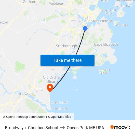 Broadway + Christian School to Ocean Park ME USA map