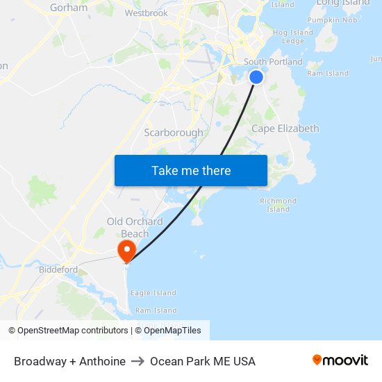 Broadway + Anthoine to Ocean Park ME USA map
