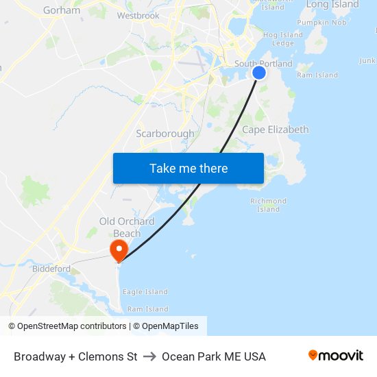 Broadway + Clemons St to Ocean Park ME USA map