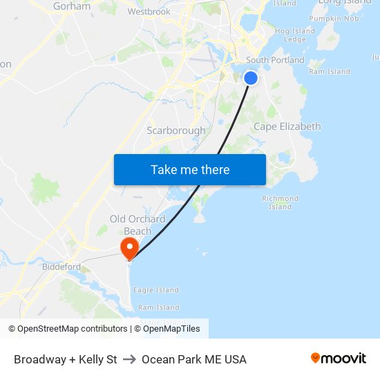 Broadway + Kelly St to Ocean Park ME USA map