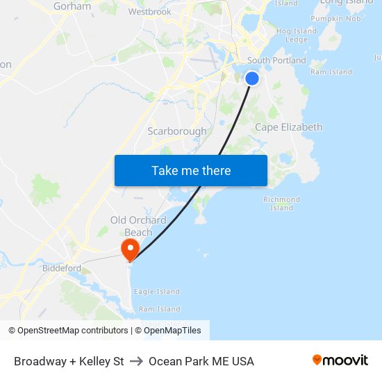 Broadway + Kelley St to Ocean Park ME USA map