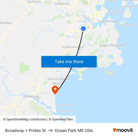 Broadway + Prides St to Ocean Park ME USA map