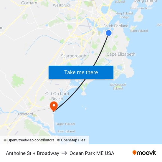 Anthoine St + Broadway to Ocean Park ME USA map