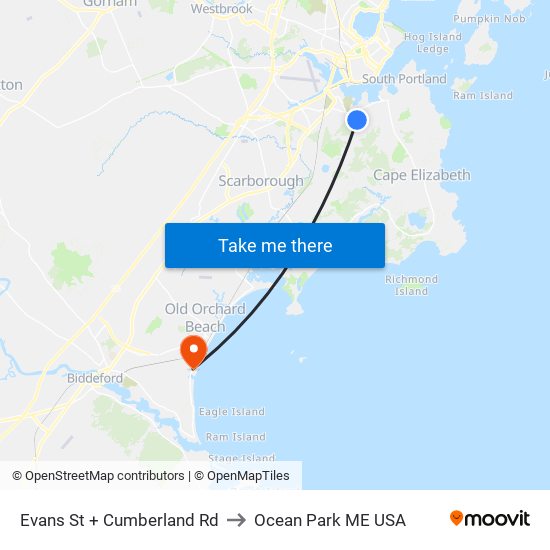 Evans St + Cumberland Rd to Ocean Park ME USA map