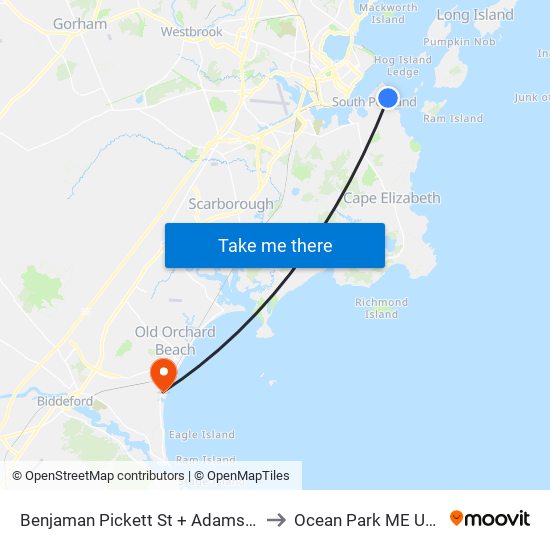 Benjaman Pickett St + Adams St to Ocean Park ME USA map