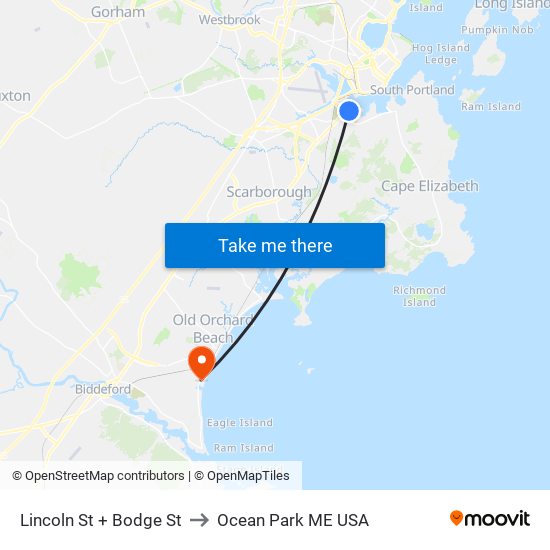 Lincoln St + Bodge St to Ocean Park ME USA map