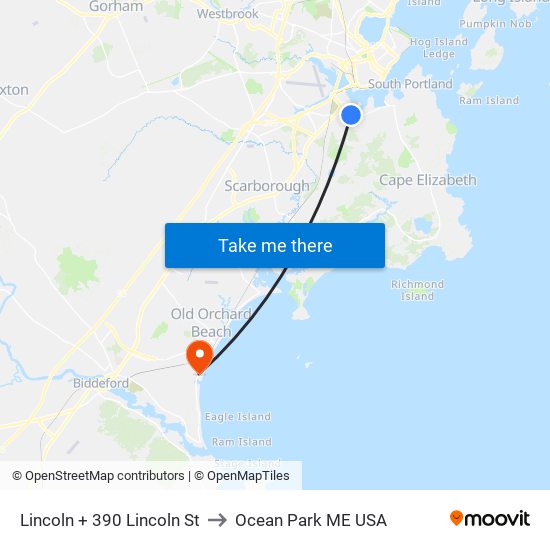 Lincoln + 390 Lincoln St to Ocean Park ME USA map