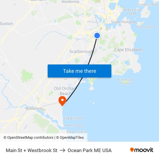 Main St + Westbrook St to Ocean Park ME USA map