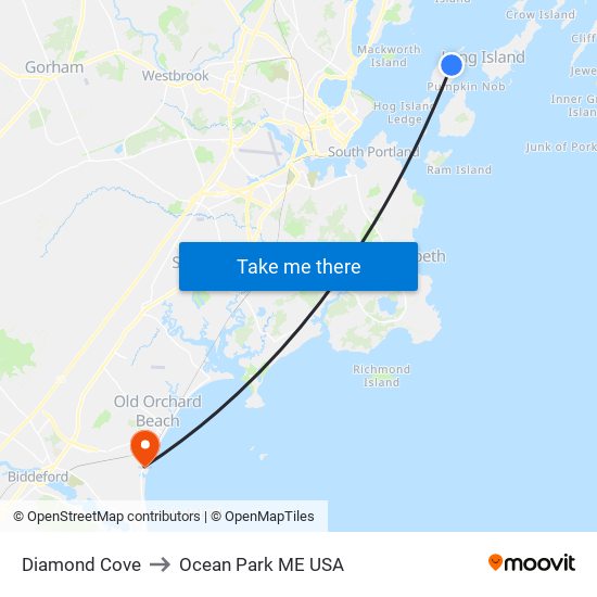 Diamond Cove to Ocean Park ME USA map