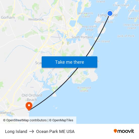 Long Island to Ocean Park ME USA map