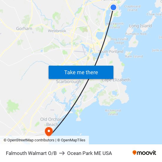 Falmouth Walmart O/B to Ocean Park ME USA map