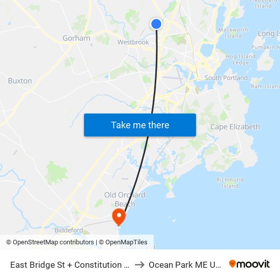 East Bridge St + Constitution Dr to Ocean Park ME USA map