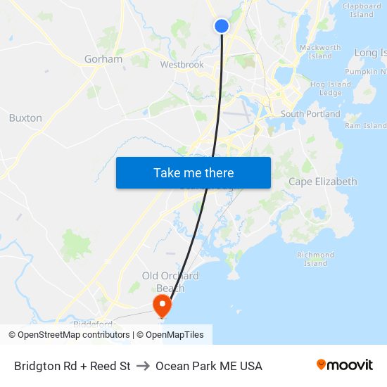 Bridgton Rd + Reed St to Ocean Park ME USA map