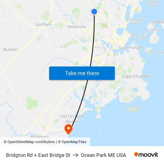 Bridgton Rd + East Bridge St to Ocean Park ME USA map