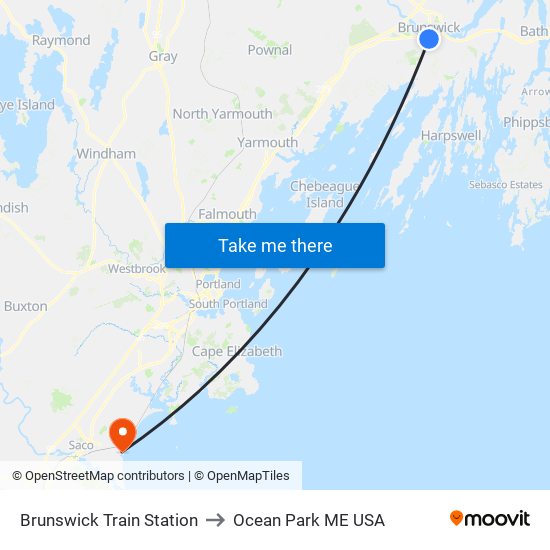 Brunswick Train Station to Ocean Park ME USA map