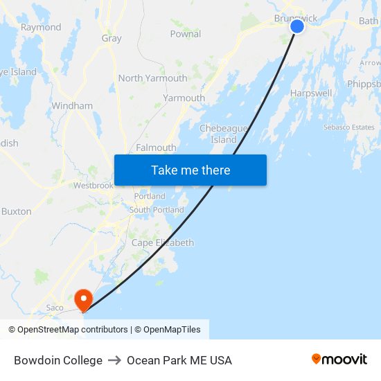 Bowdoin College to Ocean Park ME USA map