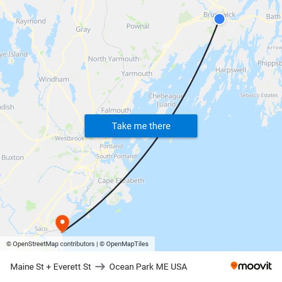 Maine St + Everett St to Ocean Park ME USA map