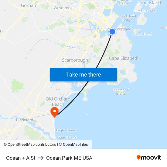 Ocean + A St to Ocean Park ME USA map