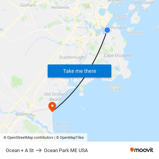 Ocean + A St to Ocean Park ME USA map