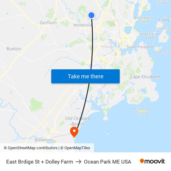 East Brdige St + Dolley Farm to Ocean Park ME USA map