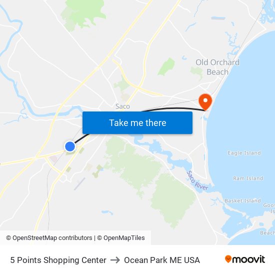 5 Points Shopping Center to Ocean Park ME USA map