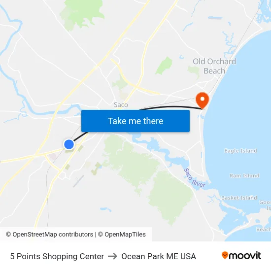 5 Points Shopping Center to Ocean Park ME USA map