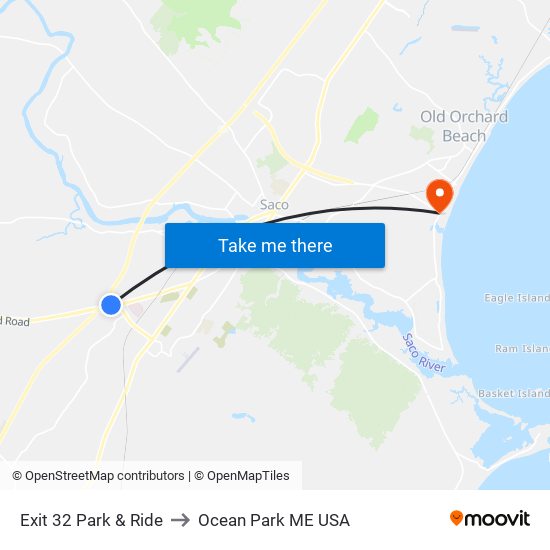 Exit 32 Park & Ride to Ocean Park ME USA map