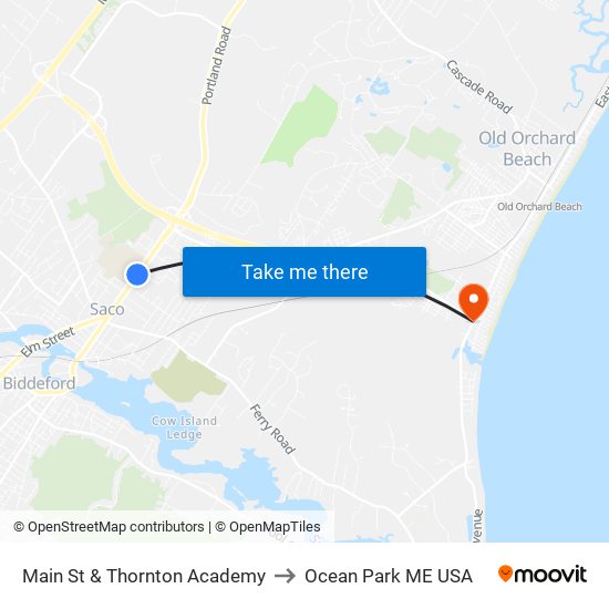 Main St & Thornton Academy to Ocean Park ME USA map