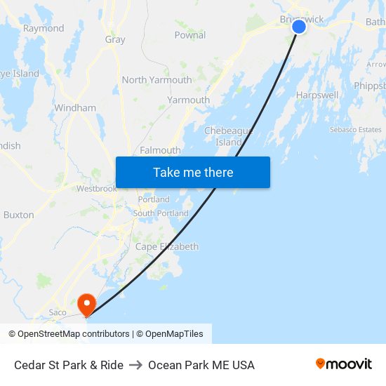 Cedar St Park & Ride to Ocean Park ME USA map