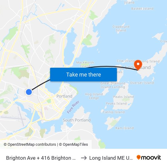 Brighton Ave + 416 Brighton Ave to Long Island ME USA map