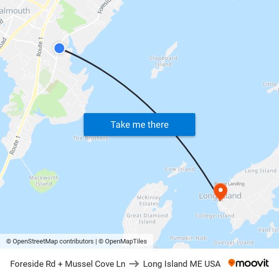 Foreside Rd + Mussel Cove Ln to Long Island ME USA map