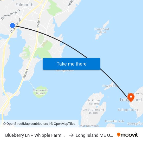 Blueberry Ln + Whipple Farm Ln to Long Island ME USA map