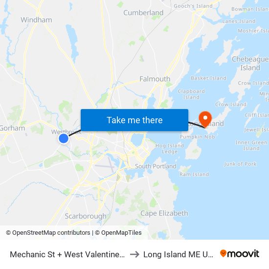 Mechanic St + West Valentine St to Long Island ME USA map