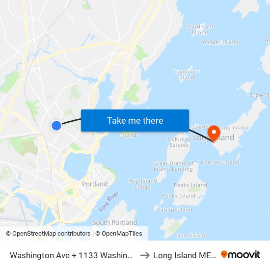 Washington Ave + 1133 Washington Ave to Long Island ME USA map