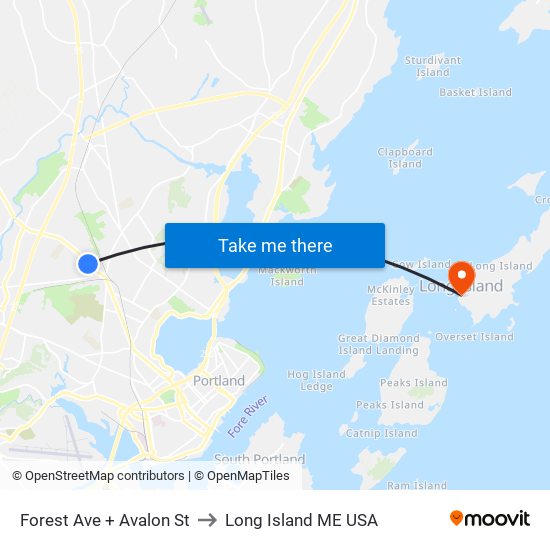 Forest Ave + Avalon St to Long Island ME USA map