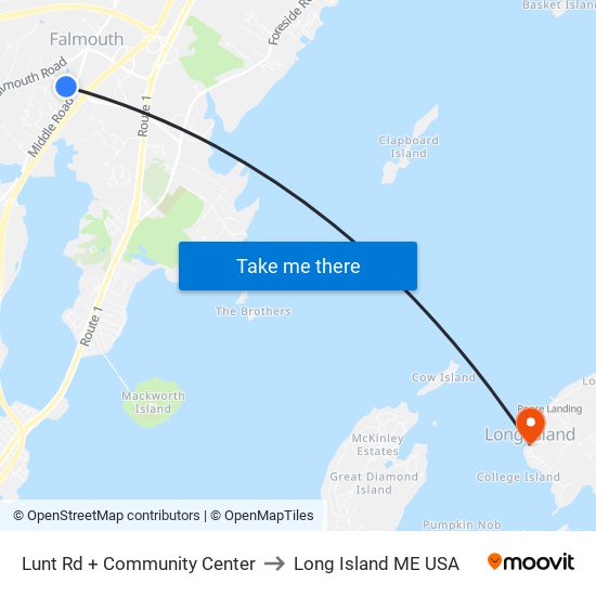 Lunt Rd + Community Center to Long Island ME USA map