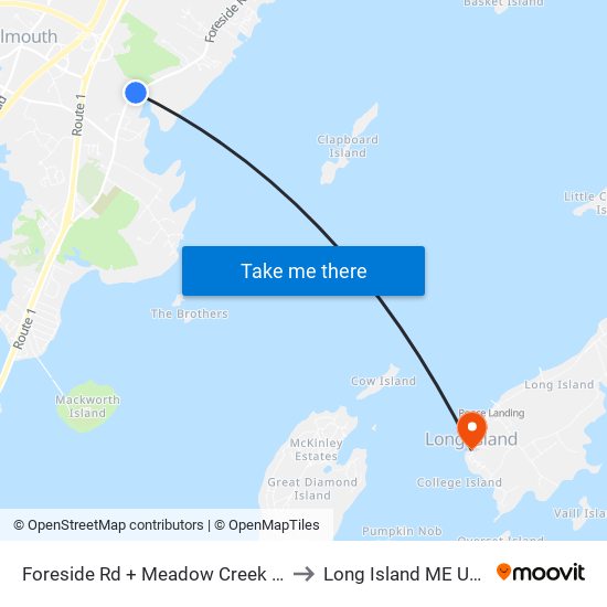 Foreside Rd + Meadow Creek Ln to Long Island ME USA map