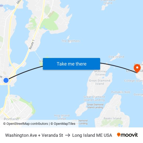 Washington Ave + Veranda St to Long Island ME USA map