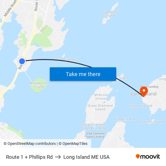 Route 1 + Phillips Rd to Long Island ME USA map