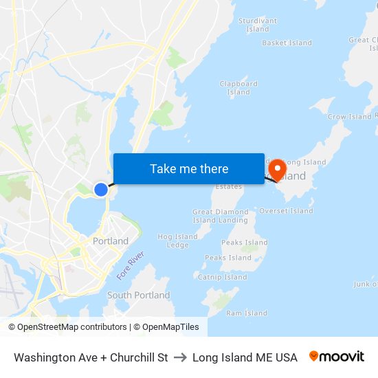 Washington Ave + Churchill St to Long Island ME USA map