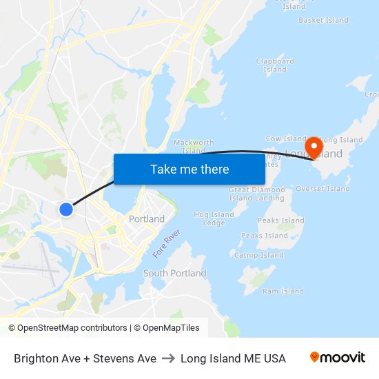 Brighton Ave + Stevens Ave to Long Island ME USA map