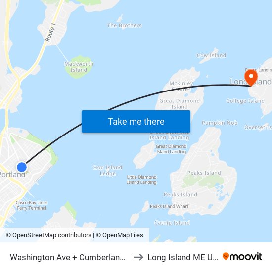 Washington Ave + Congress St to Long Island ME USA map