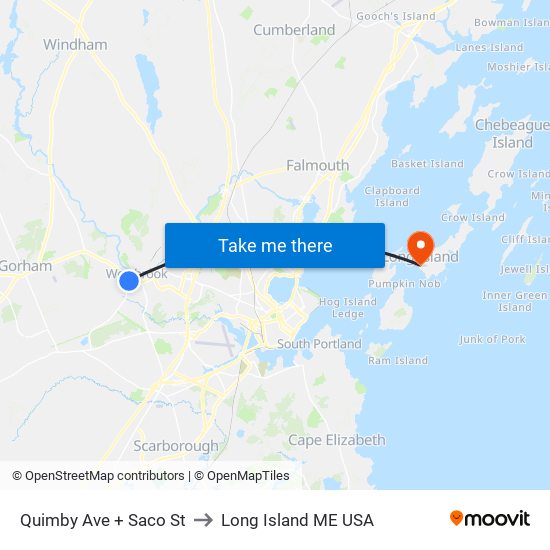 Quimby Ave + Saco St to Long Island ME USA map