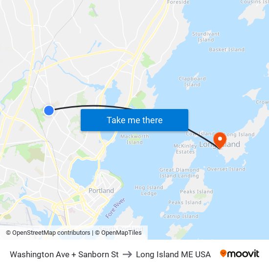 Washington Ave + Sanborn St to Long Island ME USA map
