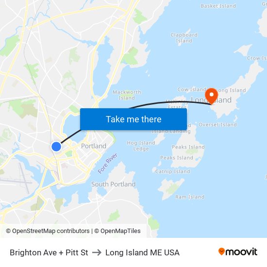 Brighton Ave + Pitt St to Long Island ME USA map