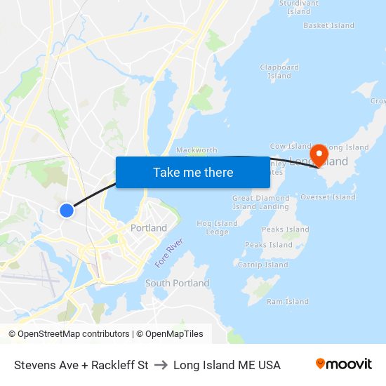 Stevens Ave + Rackleff St to Long Island ME USA map