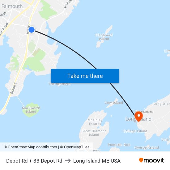 Depot Rd + 33 Depot Rd to Long Island ME USA map